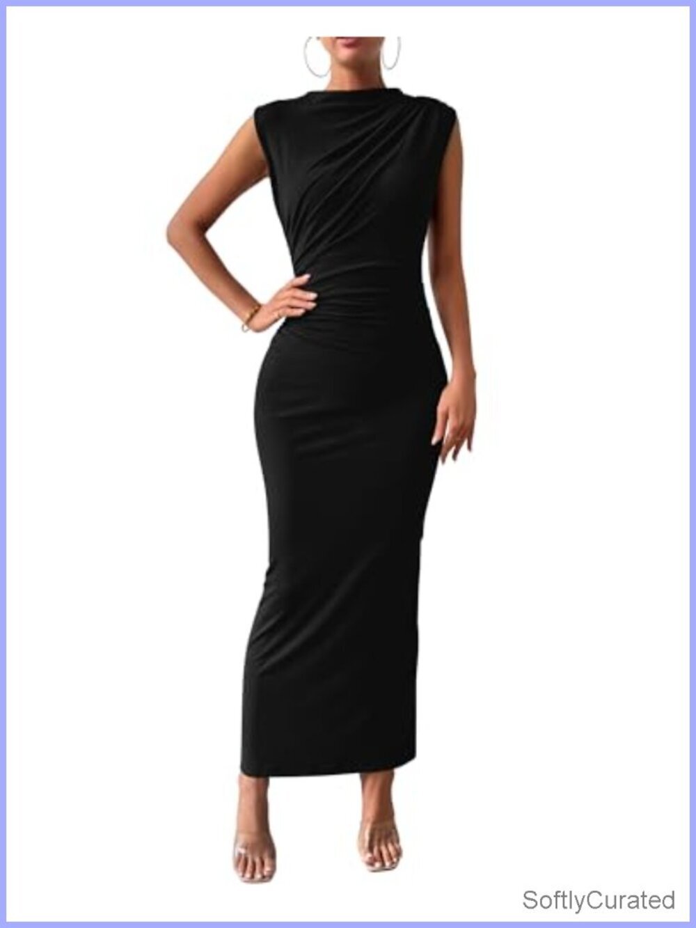 Ruched Bodycon Maxi Dress, Sleeveless, High Neck, Back Slit, Stretchy, Cocktail